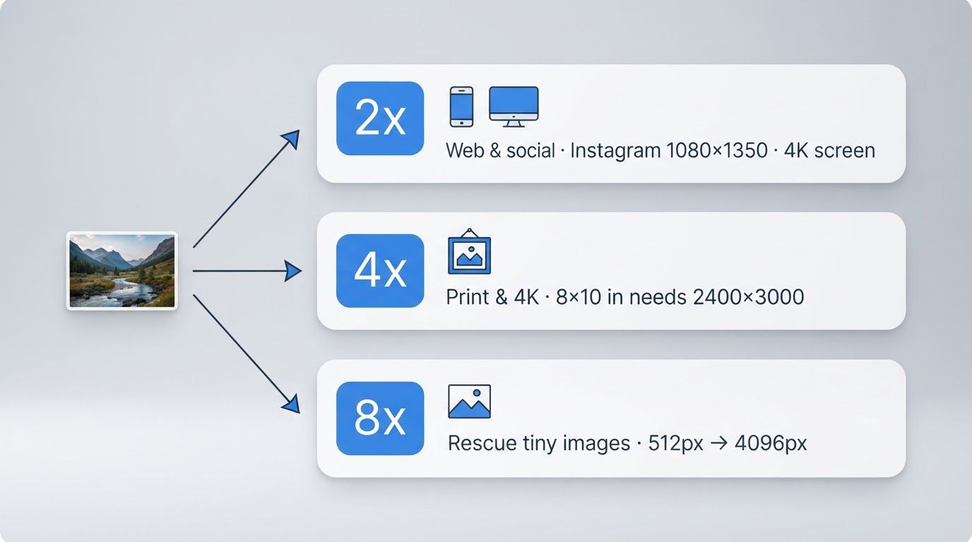 Chart mapping common print sizes and screen resolutions to the upscaling factor needed from typical starting image sizes