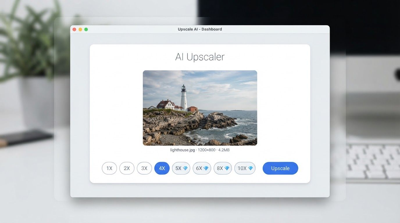 Clean web interface showing an uploaded photo with a row of upscale factor buttons from 2x to 10x, with 4x selected