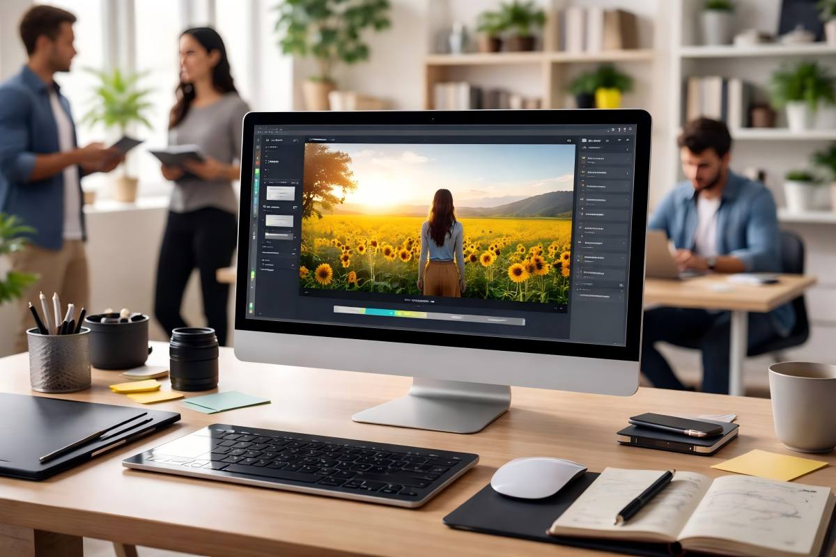 A modern workspace with professionals working on computers and digital devices focused on enhancing images.