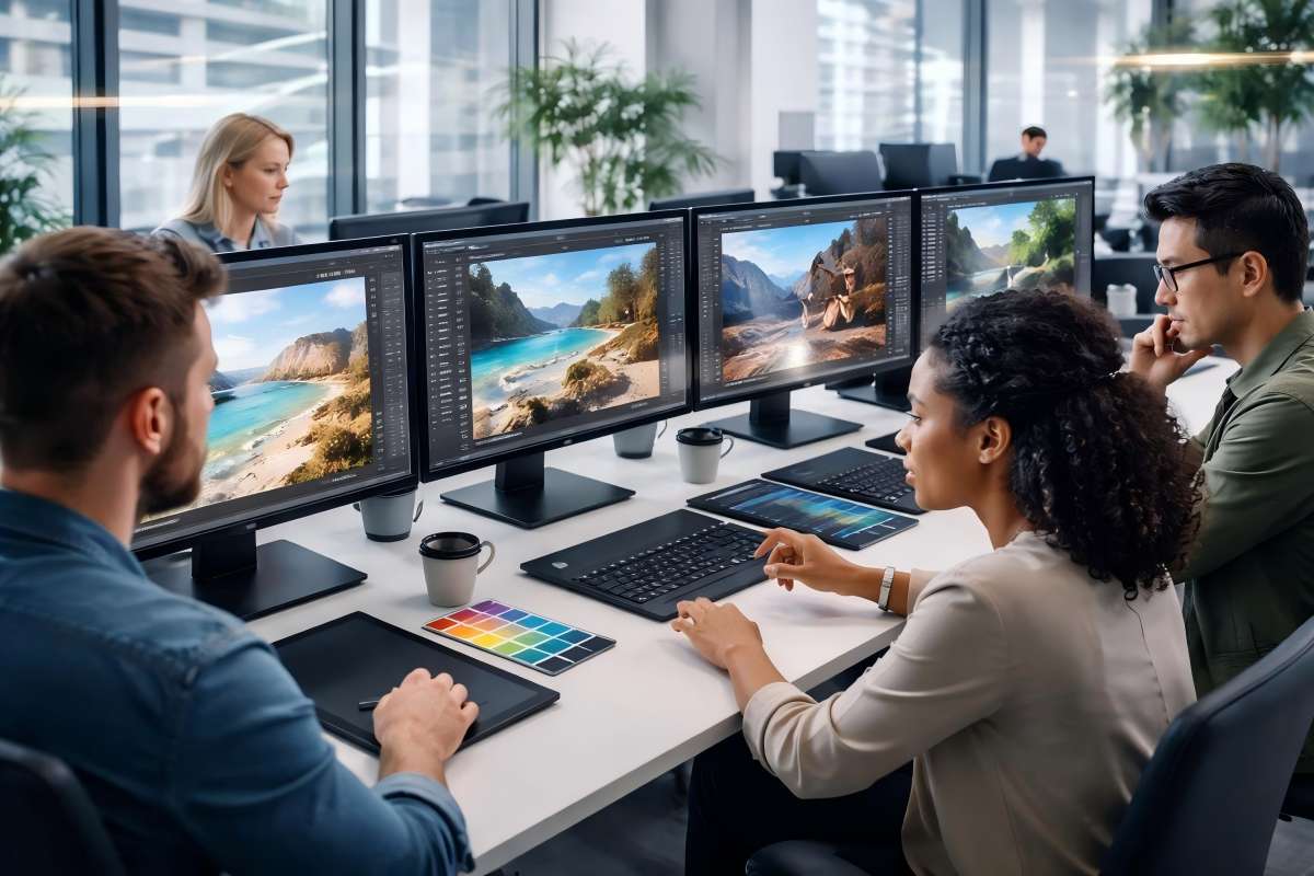 A group of professionals working together in a modern office with multiple computer screens showing digital art and image editing software.