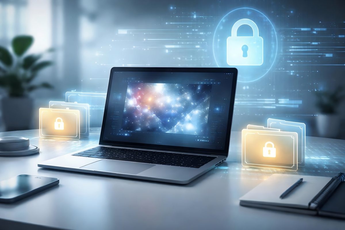 A modern workspace with a laptop showing abstract digital graphics, surrounded by icons and elements representing data security and file protection.