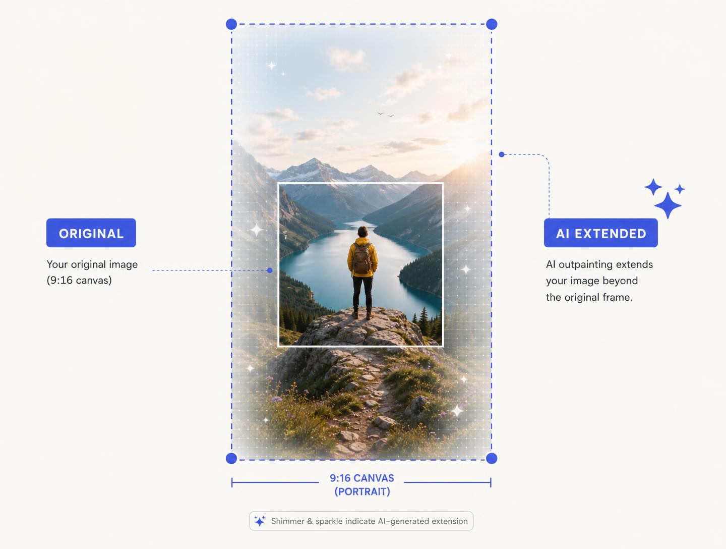 Side-by-side of AI image extension versus cropping, showing how outpainting preserves full content across Facebook aspect ratios