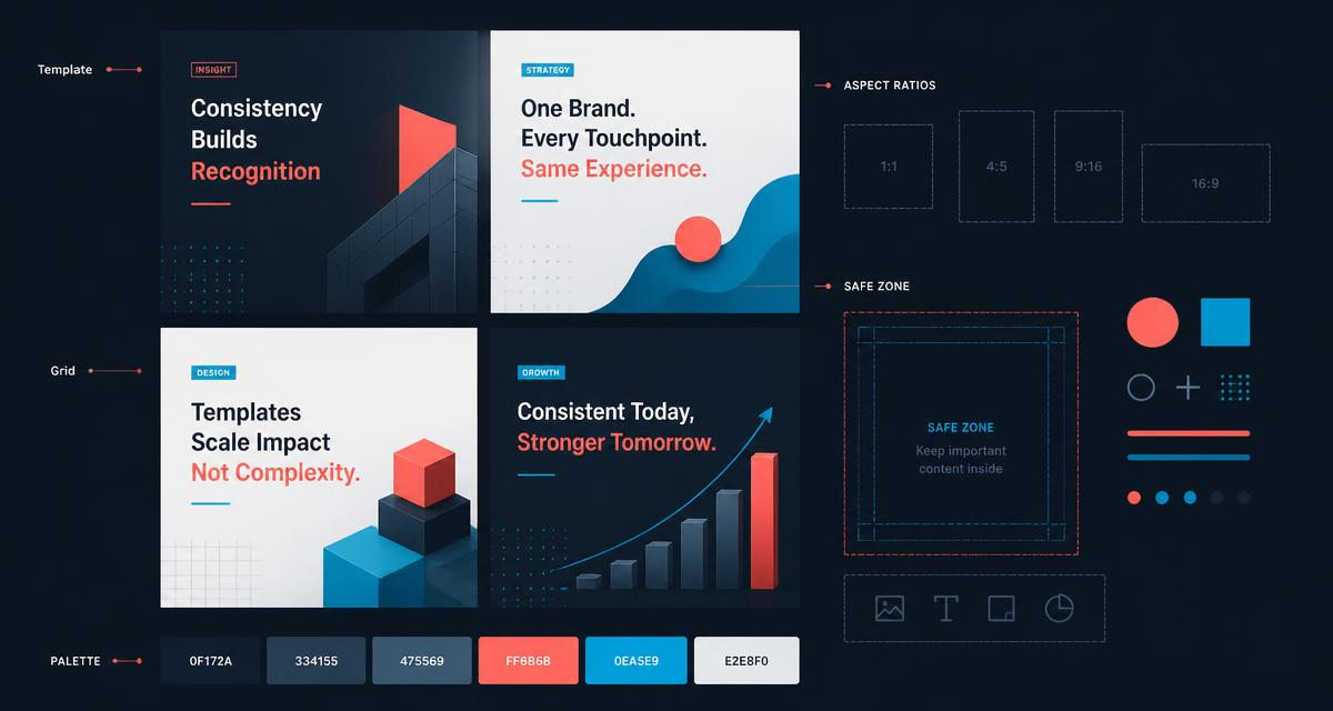 Brand consistency templates showing a repeated color palette across Facebook feed, Stories, and Reels creatives