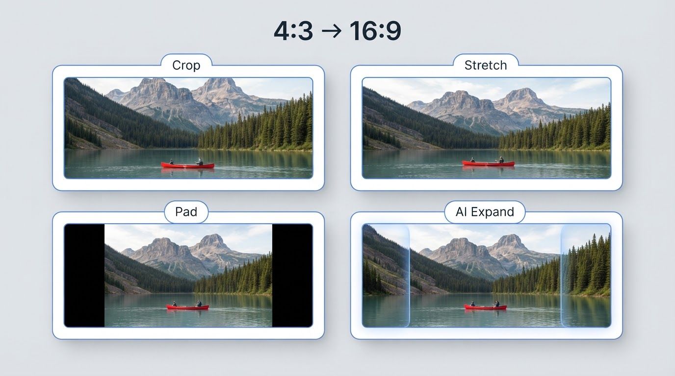 2x2 comparison grid of crop, stretch, pad, and AI expand applied to the same landscape photo being converted from 4:3 to 16:9