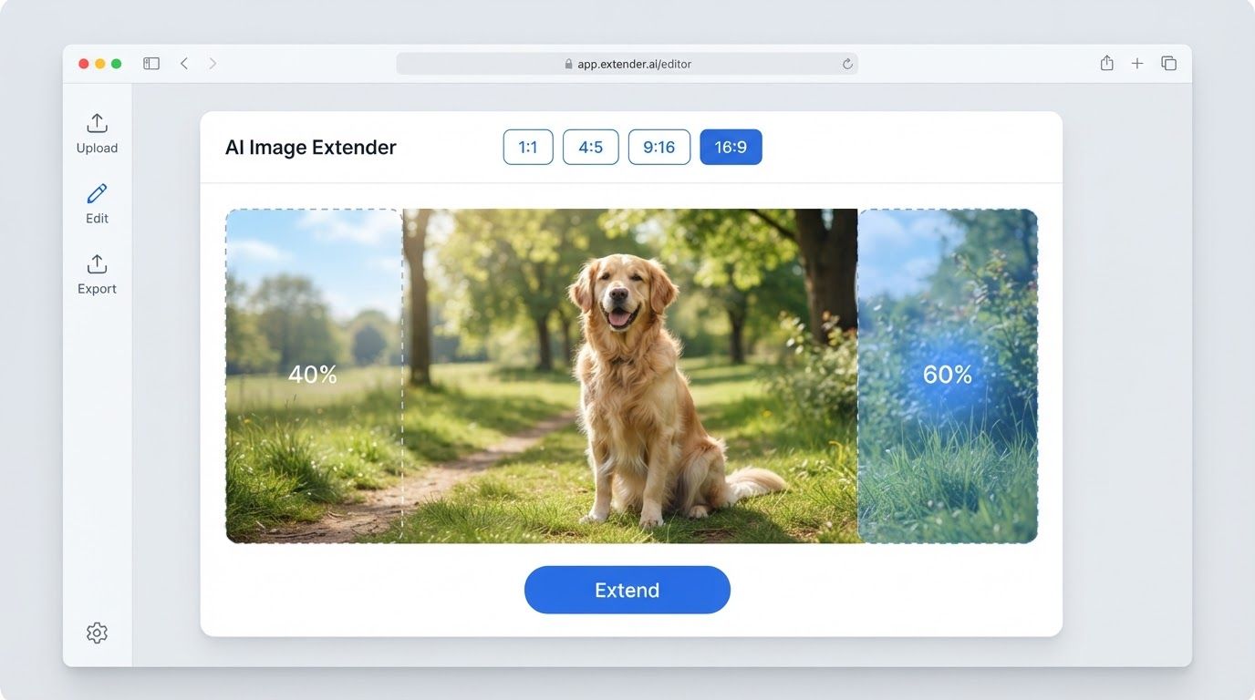 Web interface showing a 4:3 photo being extended to 16:9 with aspect ratio preset buttons and AI-generated background filling both sides