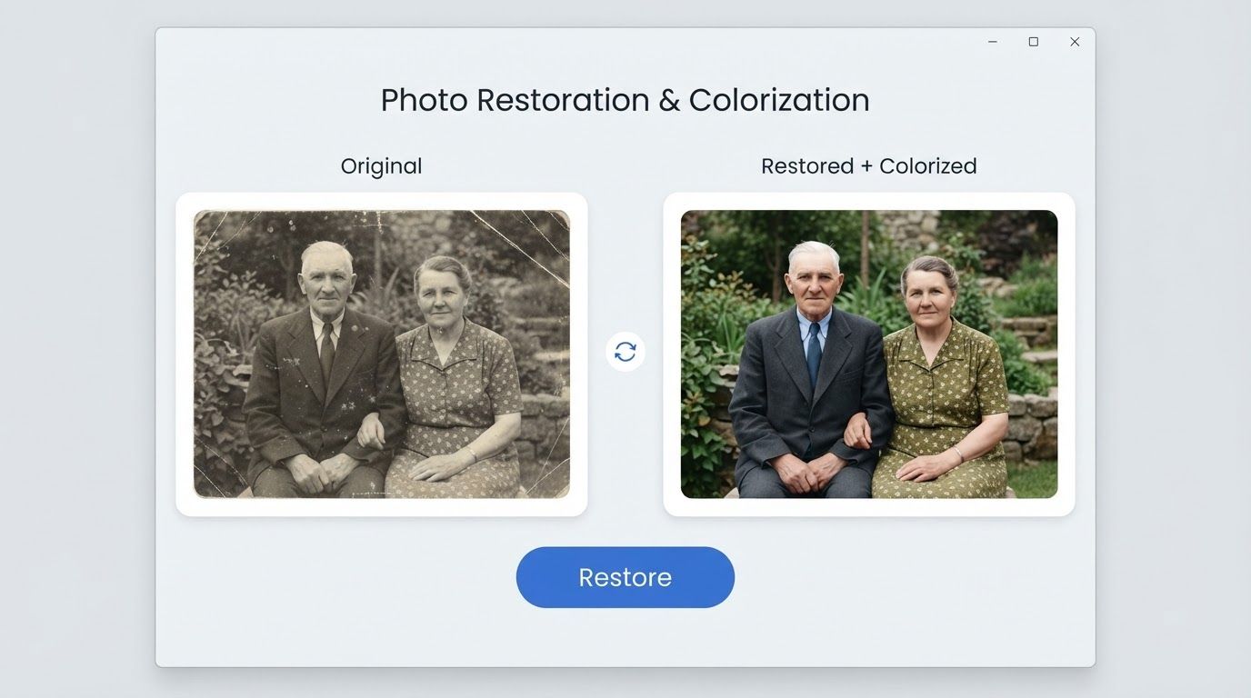 Web app interface showing an old black-and-white photo being processed, with scratches removed and color applied in a single restoration pass