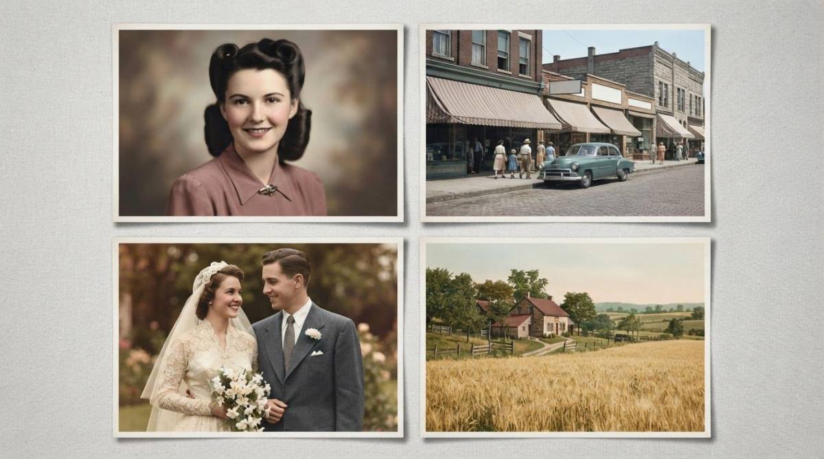 Grid of four colorized vintage photos: a portrait, a street scene, a wedding photo, and a landscape, each looking naturally colored