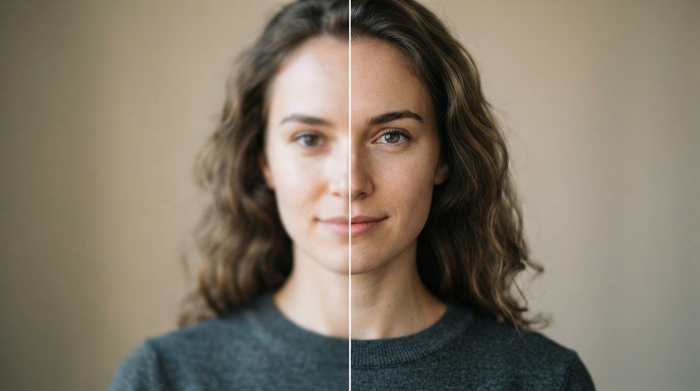 Split comparison photo: left half is a blurry, soft-focus portrait, right half is the same portrait after AI enhancement looking sharp and clear