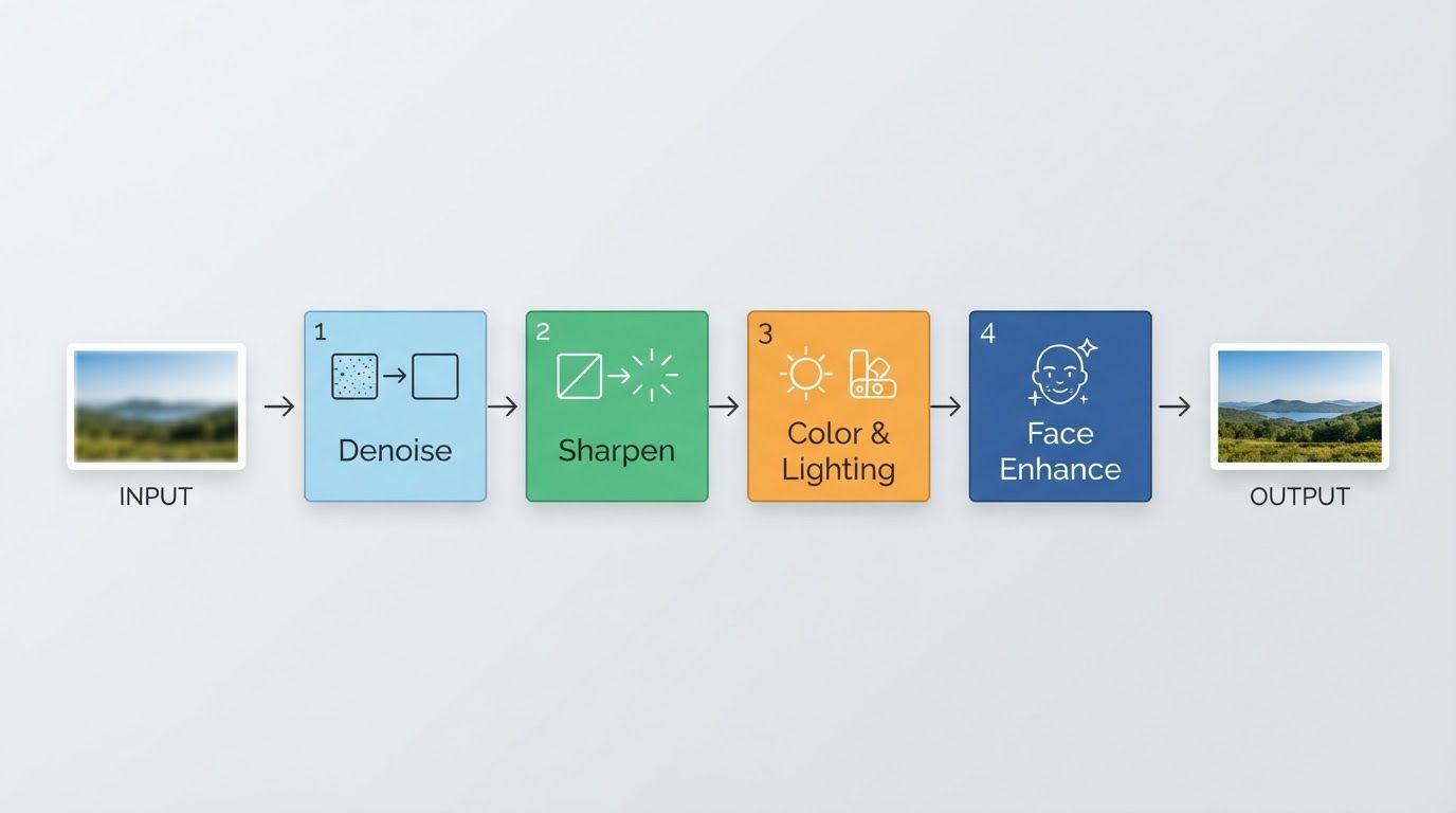 Four-step pipeline diagram labeled "Denoise", "Sharpen", "Color & Lighting", and "Face Enhance", each with a small icon, arrows connecting them in sequence from a blurry photo to a clear one