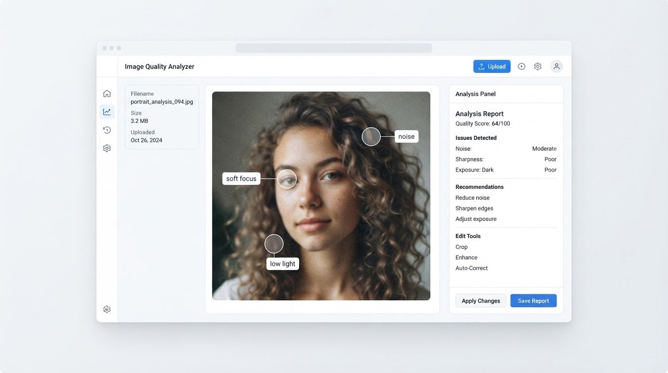 Clean web app interface showing an uploaded blurry photo with subtle highlighted regions labeled "noise", "soft focus", and "low light" being automatically detected