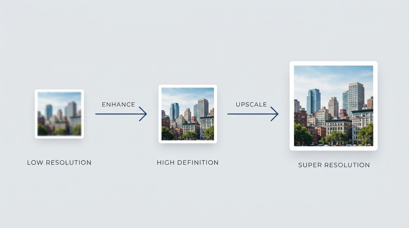 Simple workflow diagram: a small blurry photo icon with an arrow labeled "Enhance" leading to a clear photo icon, then a second arrow labeled "Upscale" leading to a larger, high-resolution photo icon