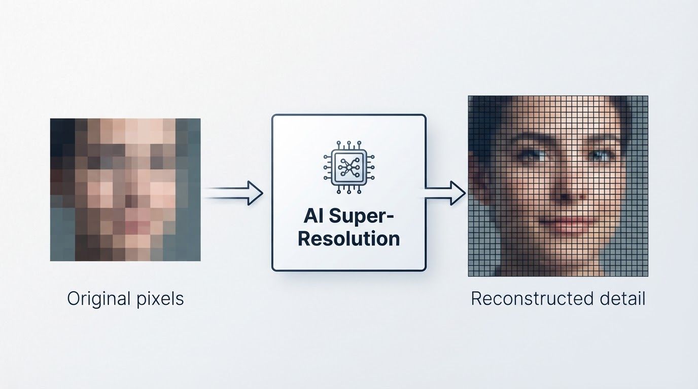 Diagram showing a low-resolution photo's pixel grid being multiplied and reconstructed with fine detail by AI super-resolution, versus the same grid simply stretched and blurred