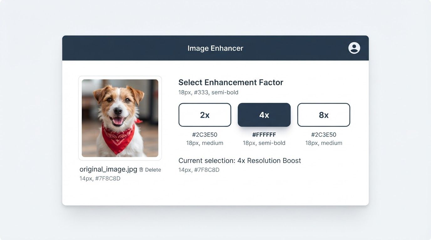 Clean web app interface showing an uploaded photo with three scale factor options labeled "2x", "4x", and "8x" to choose from
