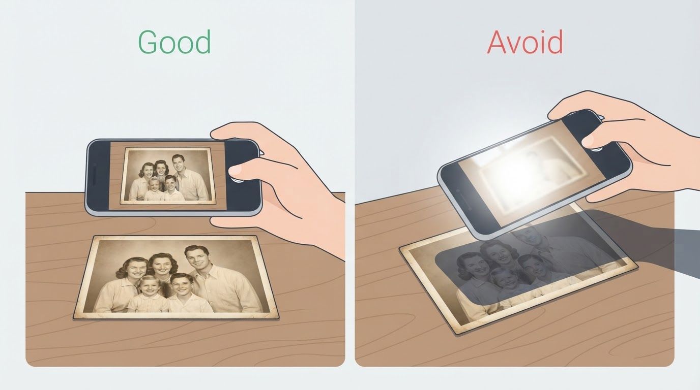 Two-panel illustration: left panel shows a phone photographing an old print flat under even light with the label "Good", right panel shows the same print photographed at an angle with harsh glare and the label "Avoid"