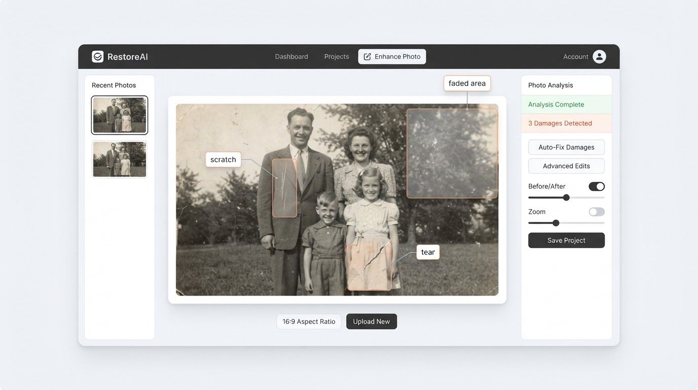 Clean web app interface showing an uploaded old black-and-white photo with subtle highlighted regions labeled "scratch", "tear", and "faded area" being automatically detected