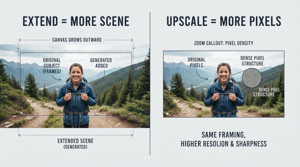 Left: a photo extended wider with new background. Right: the same photo upscaled to higher resolution