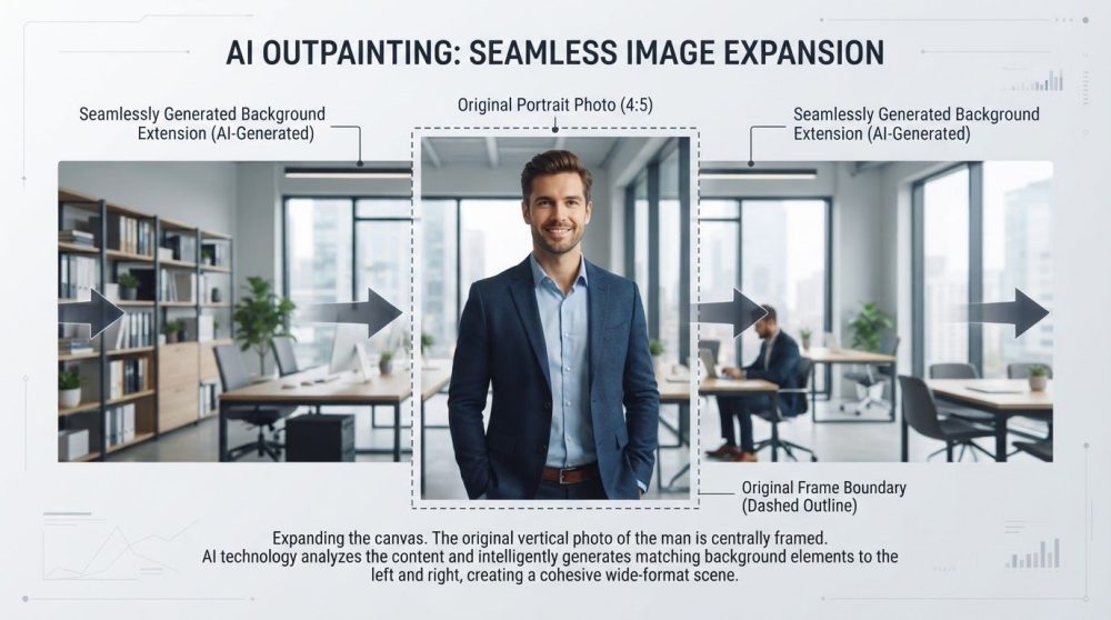 A vertical portrait extended sideways into a horizontal banner, with AI-generated background on both sides
