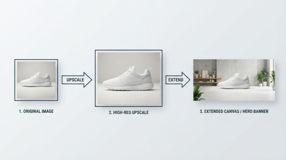 Workflow: small photo → upscaled to high resolution → extended into a wide banner