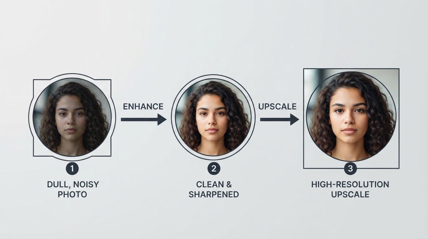 Workflow diagram: original photo → enhanced → upscaled, showing progressive improvement