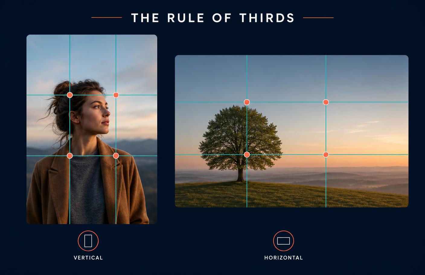 Rule of thirds grid applied to a portrait frame and a landscape frame showing different subject placement