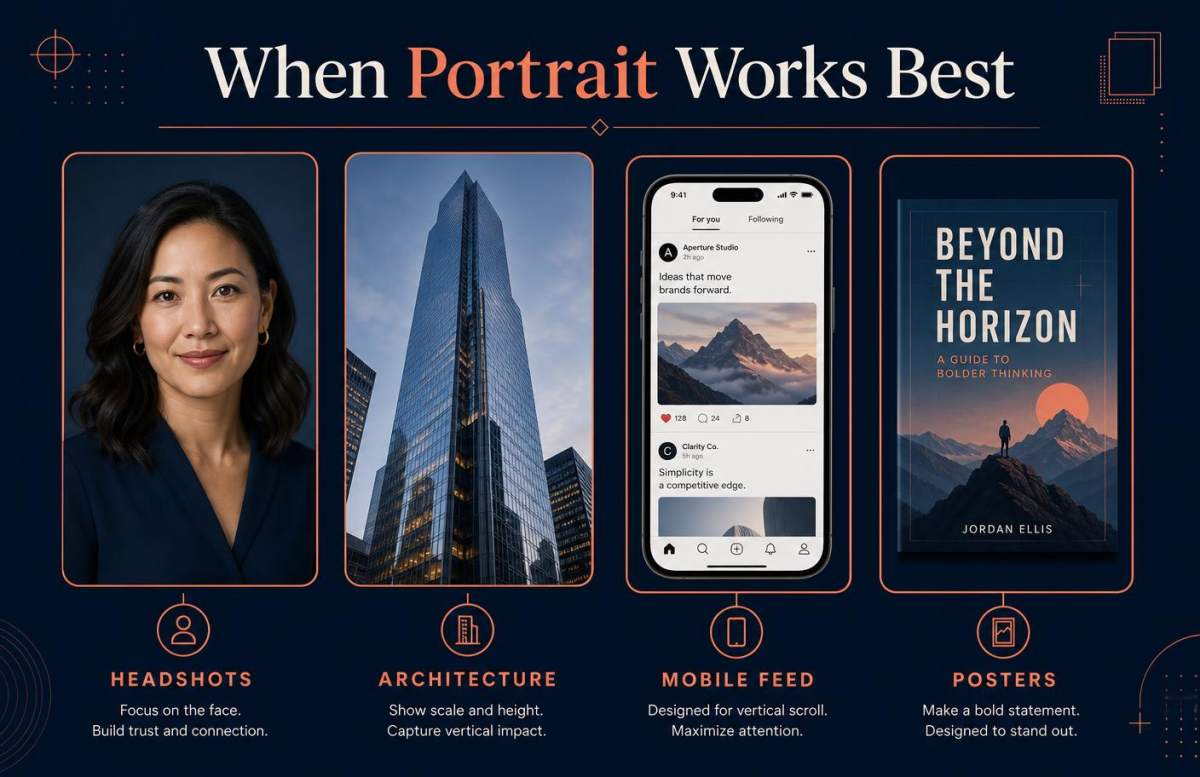 Grid of portrait-orientation use cases including a headshot, a tall building, a fashion shot, and a phone Story