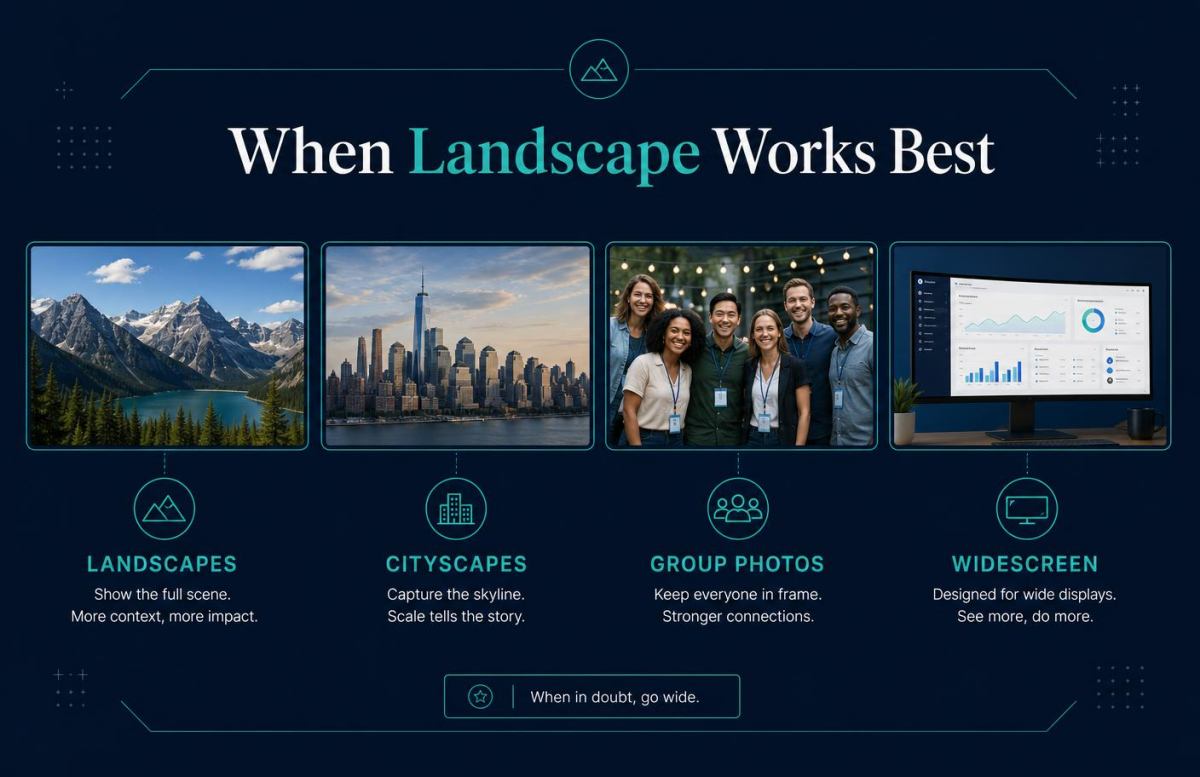 Grid of landscape-orientation use cases including a mountain panorama, a group photo, a cityscape, and a widescreen video frame