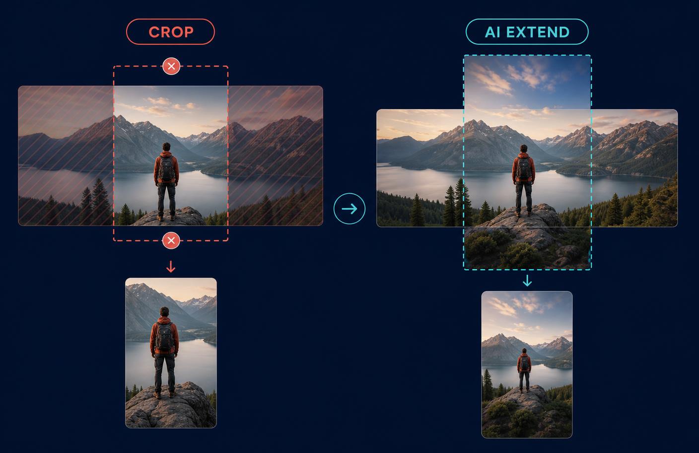 Comparison of cropping versus AI extending when converting a landscape photo into a vertical frame