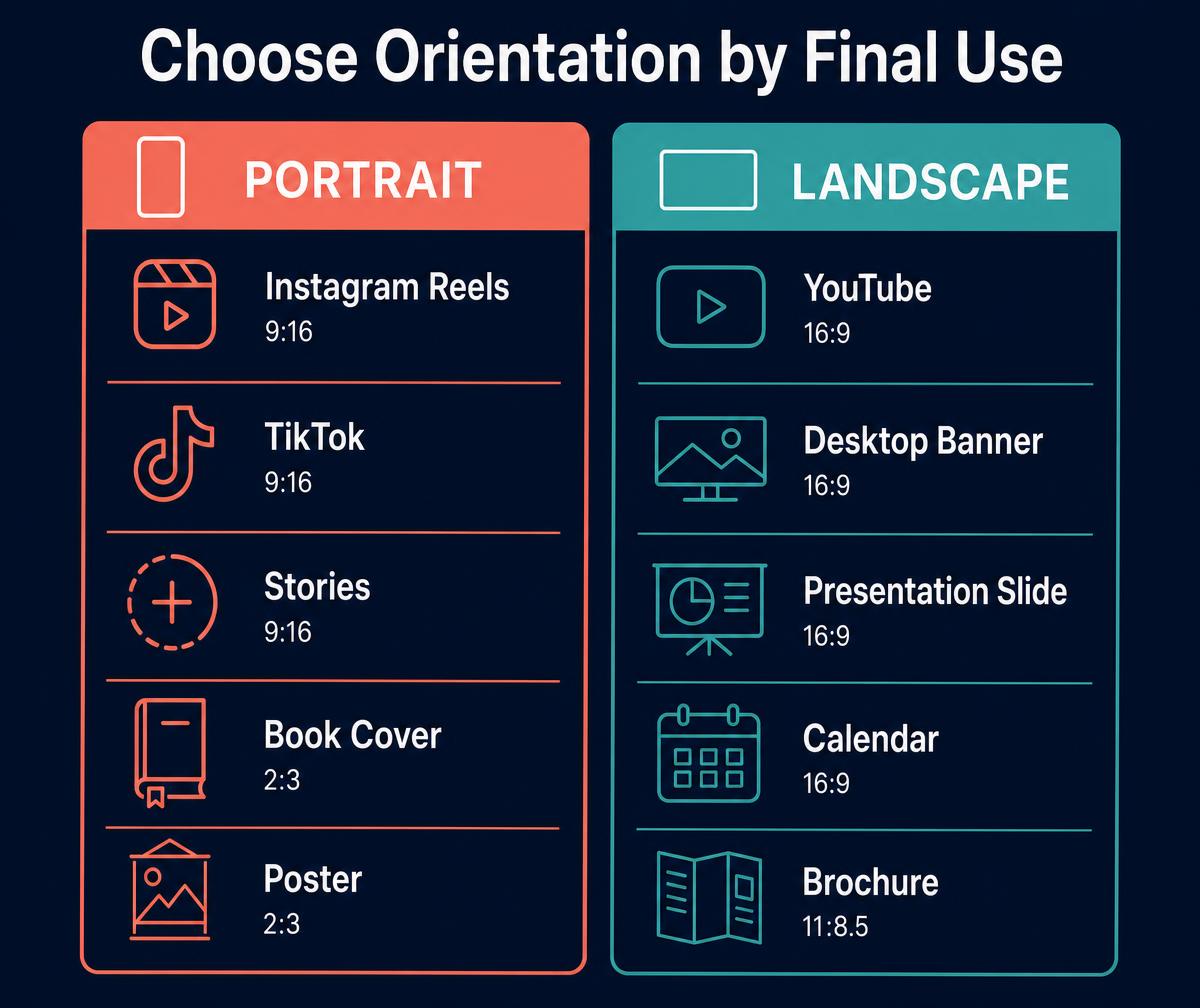 Decision chart matching final destinations such as Stories, YouTube, posters, and web banners to portrait or landscape orientation